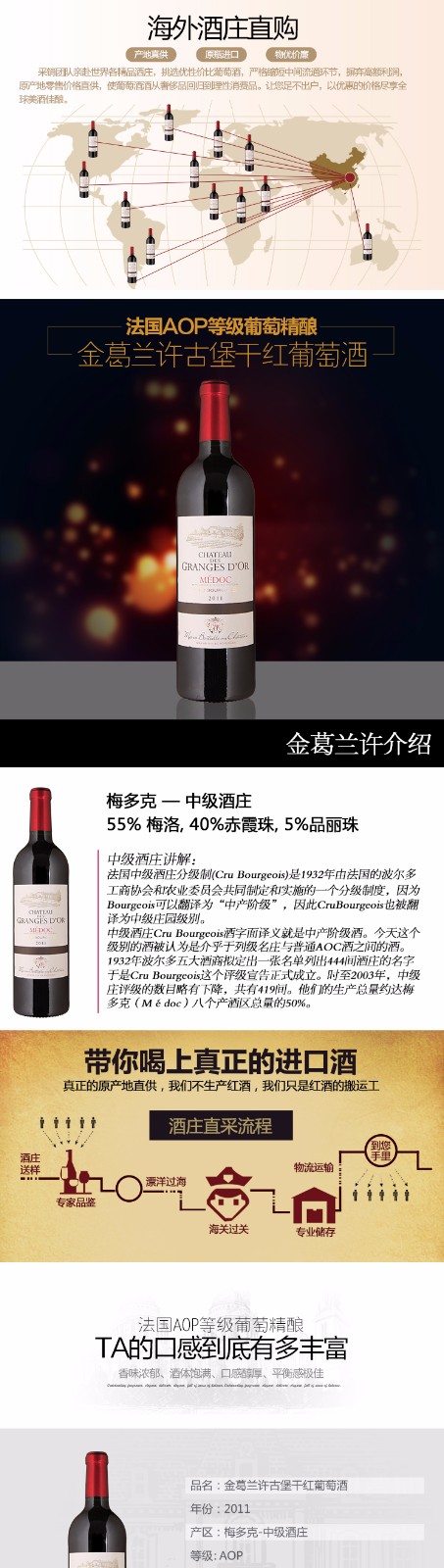法国进口金葛兰许古堡干红葡萄酒750ml